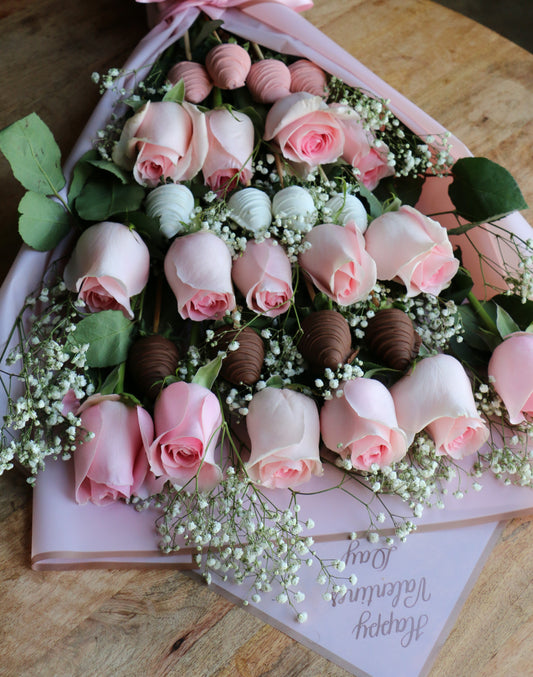 Pink Roses & Chocolate Covered Strawberries