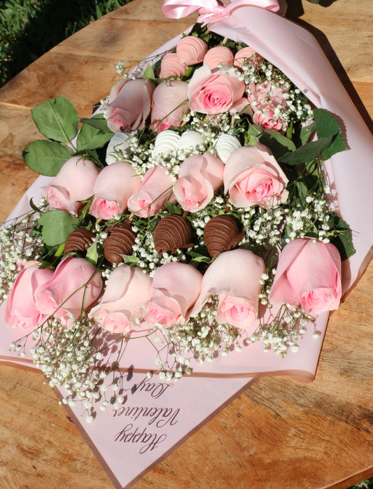 Pink Roses & Chocolate Covered Strawberries